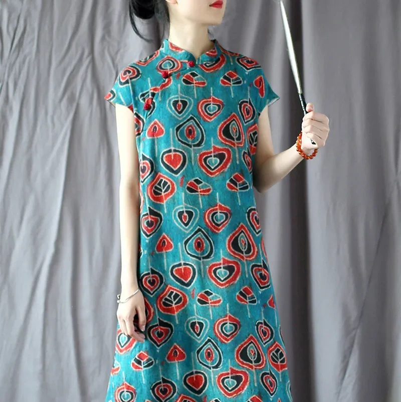 

Summer women's cotton and linen printed Chinese-style vertical collar improved cheongsam retro loose dress