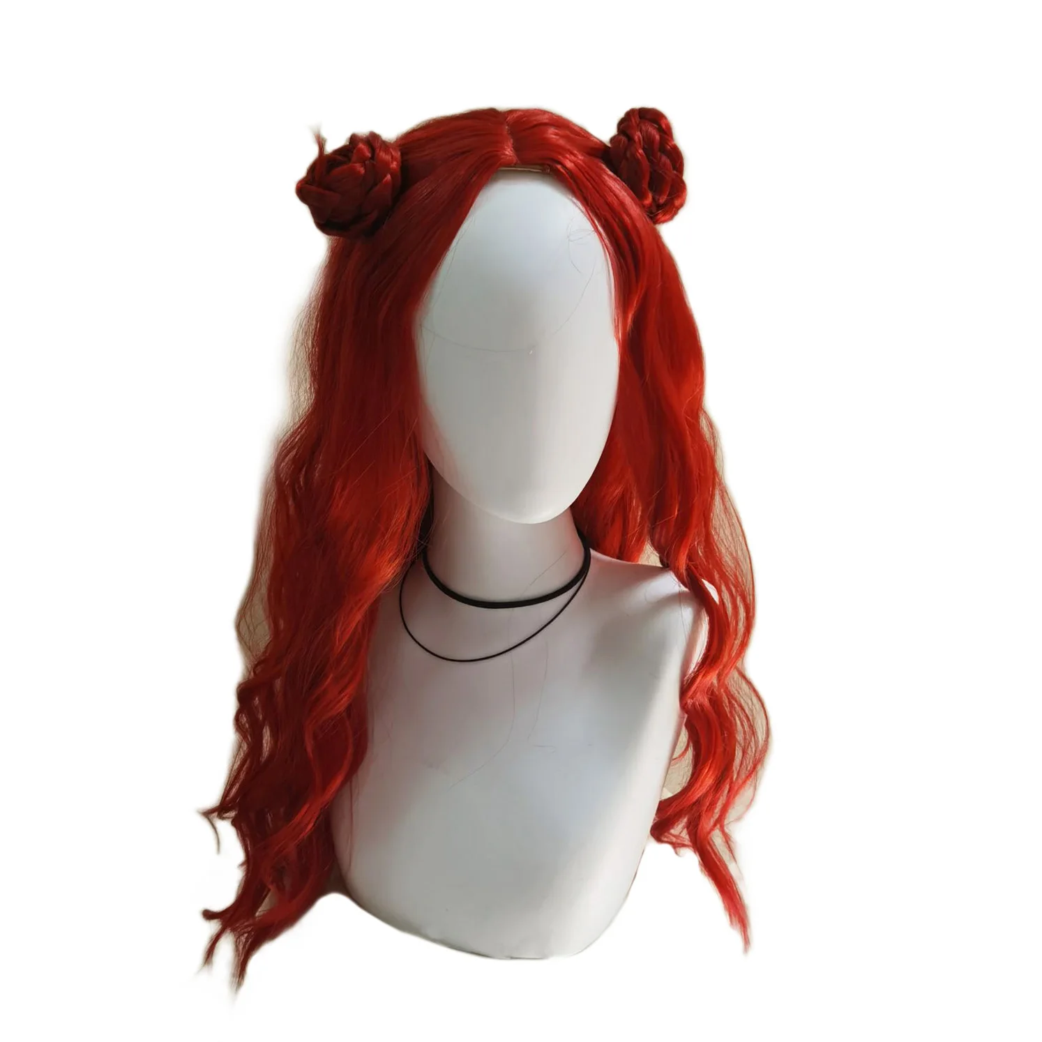 Long Curly Red Cosplay Wig with 2 Buns for Halloween Costume Synthetic wig