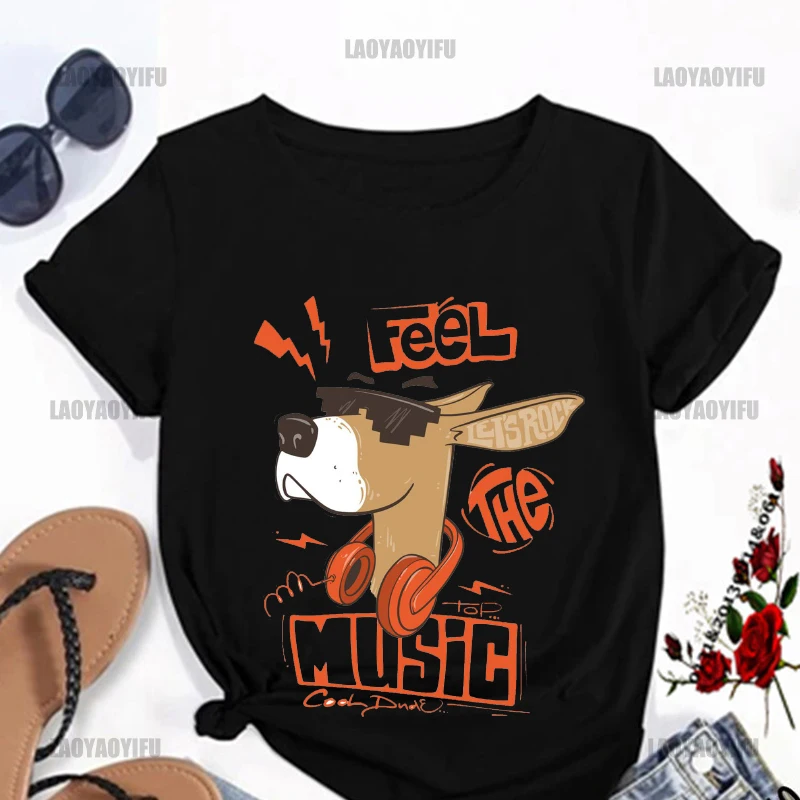 Funny Dog with Headphones and Sunglasses T-shirt  Harajuku Casual Fashion Short Sleeve Clothing Streetwear Men's Cotton