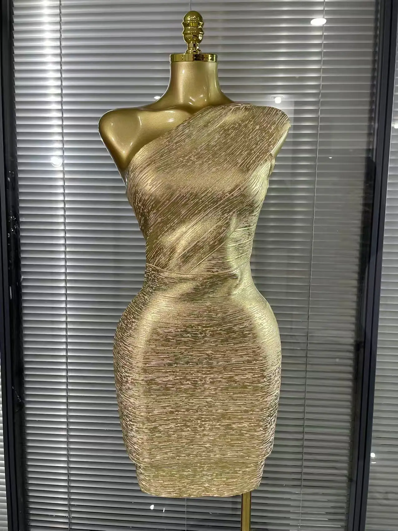 gold bandage dress one shoulder Gold Stamp One Shoulder Bandage Dress Gold / L