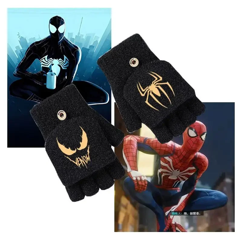 The Avengers Spiderman Peripheral Movies Autumn and Winter Cartoon Print Children's Warm Windproof Flip Half Finger Gloves Gift