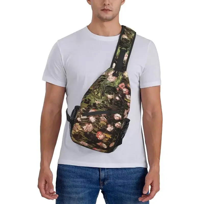 Vintage Bloeiende Roos Slingtas Vincent Van Gogh Bloemen Schilderij Schouder Crossbody Borst Rugzak Reizen Wandelen Dagrugzak