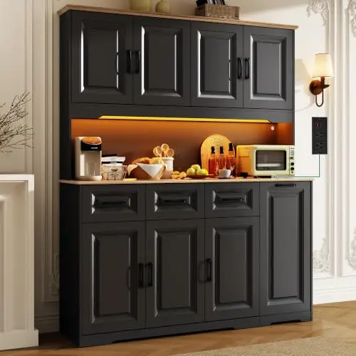 72" Tall 60" Wide Extra Large Pantry Storage Cabinet w/Power Outlet,LED Light,Farmhouse Kitchen Hutch Food Pantry image 2