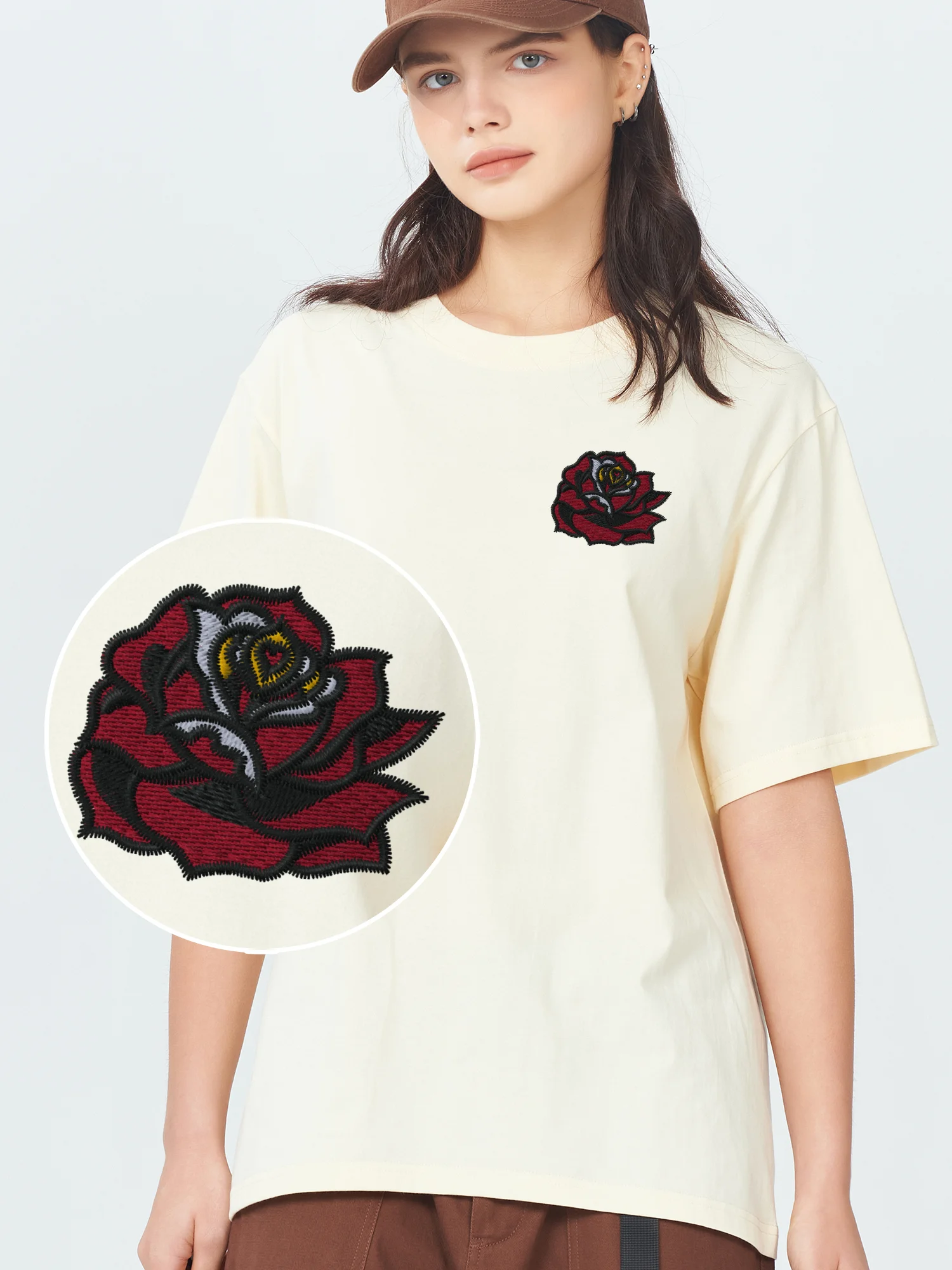 

Rose Embroidered Tshirt 100% Cotton Embroidery T-Shirts Hiphop Streetwear Men's Clothing Graphic