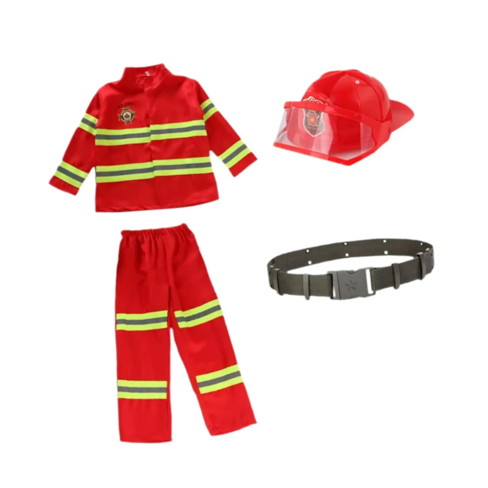 ハロウィーンパーティーで楽しめる、ベルトとヘルメット付きの子供用消防士コスチューム。