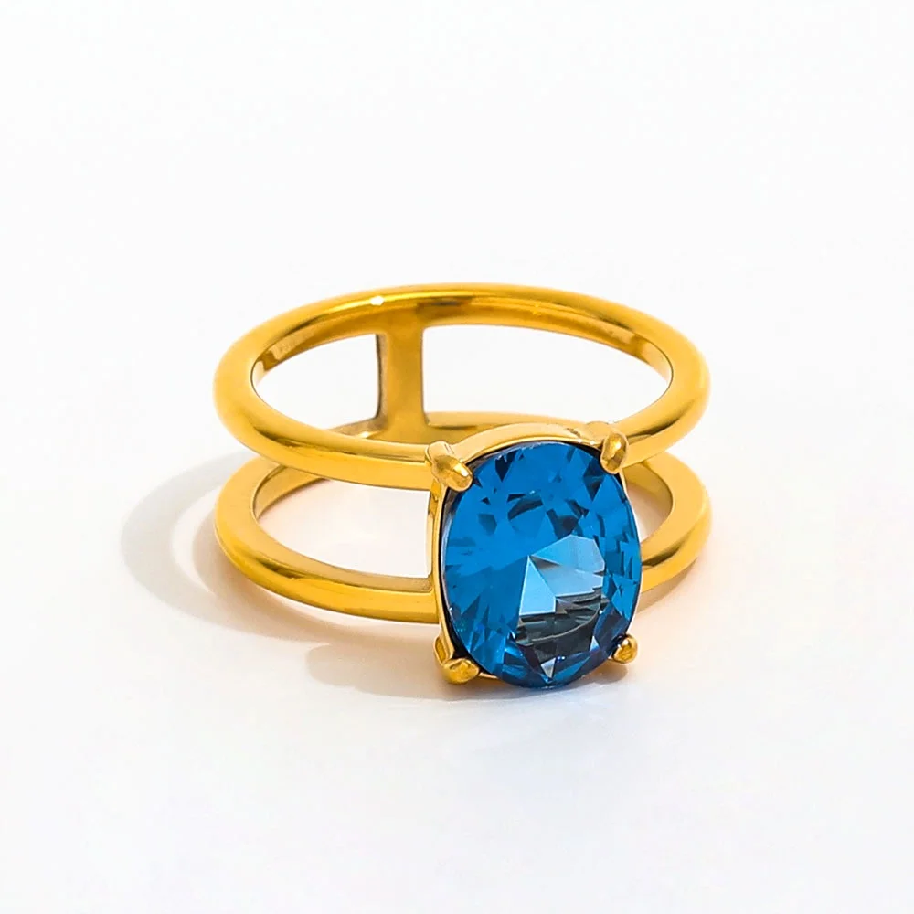 

Joolim Jewelry Wholesale High End PVD Waterproof Fashion Big Blue Zirconia Double Layer Linellae Stainless Steel Ring for Women