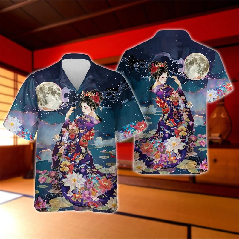 Japanese Geisha 3D Print Lapel Blouse Harajuku Fashion Cherry Blossoms Kabuki Shirts For Men Clothes Hawaii Vacation Geiko Tops