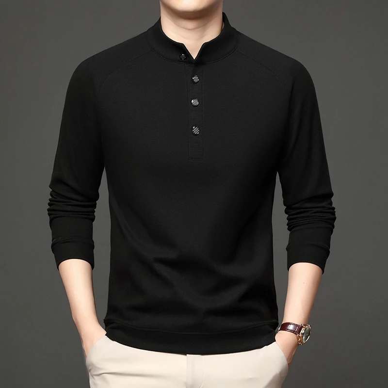 2025 가을 겨울 남성용 중국 스타일 스탠딩 칼라 후드티 신형 헨리 칼라 긴팔 티셔츠 다용도 베이스 셔츠