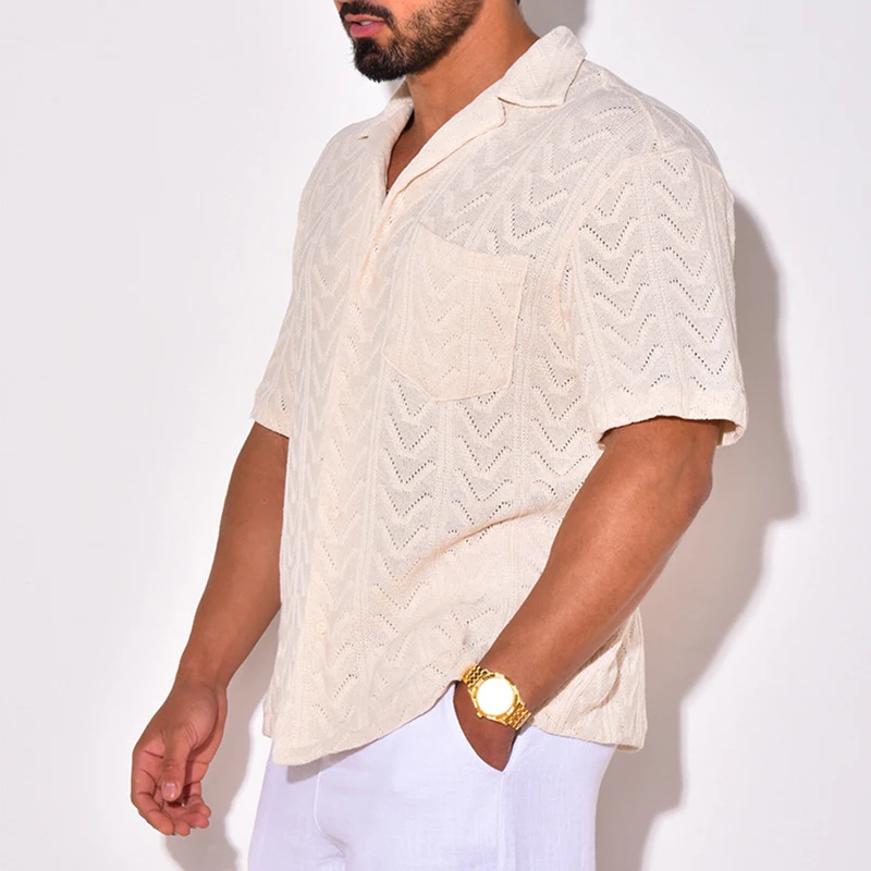 Camisa de punto transpirable para hombre, Tops abotonados de manga corta con solapa, estilo playero, tejido de ganchillo Jacquard Vintage