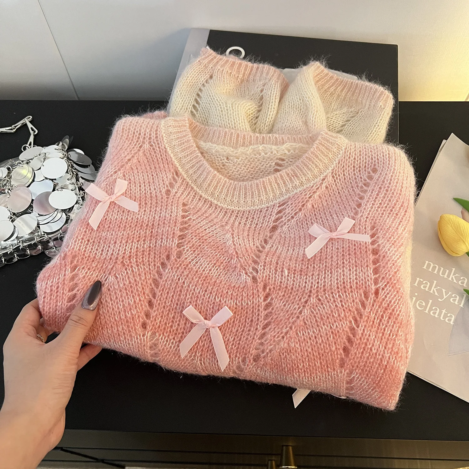 

Gentle Sweet Thin Hollow Knitted Sweater Butterfly Bow Gradually Changing Color Pullover Sweater Fashion Spring Autumn New