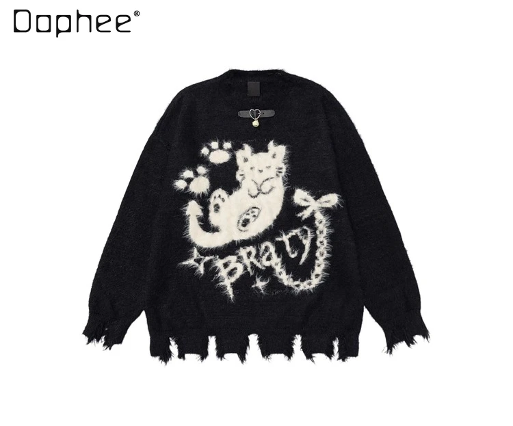 

American Style Men's Kitten Jacquard Scarf Decorated Round Neck Black Sweater Couple Style Pink Loose Casual Knitted Top