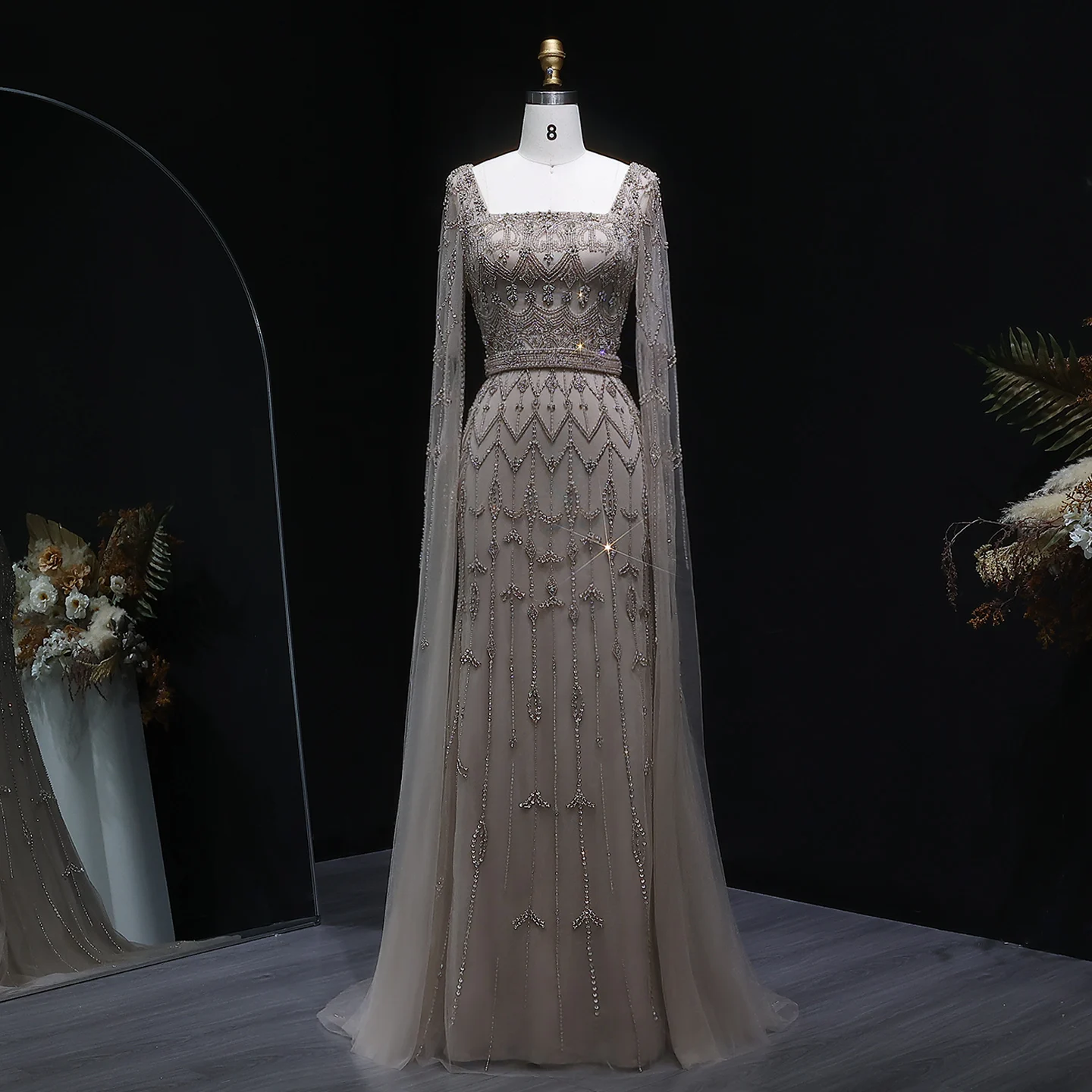 Sharon Said Turquoise Elegant Evening Dress Crystal Beaded with Cape Sleeves Floor-Length Formal Party Gowns SS089 Customized