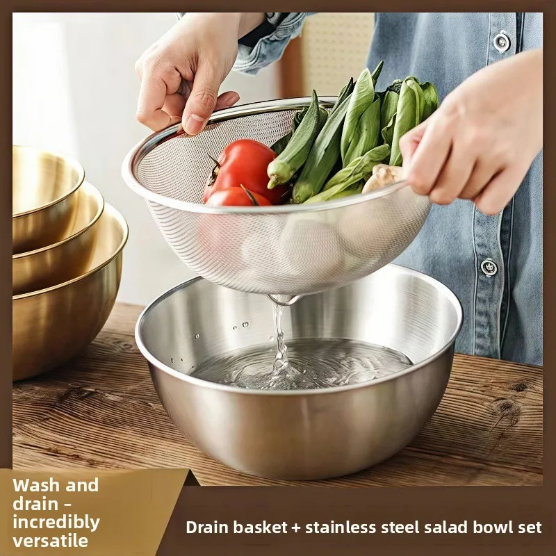 Food Grade Stainless Steel Draining Basket Salad Bowl Two-Piece Set Household Kitchen Strainer Basin for Washing Vegetables Fine