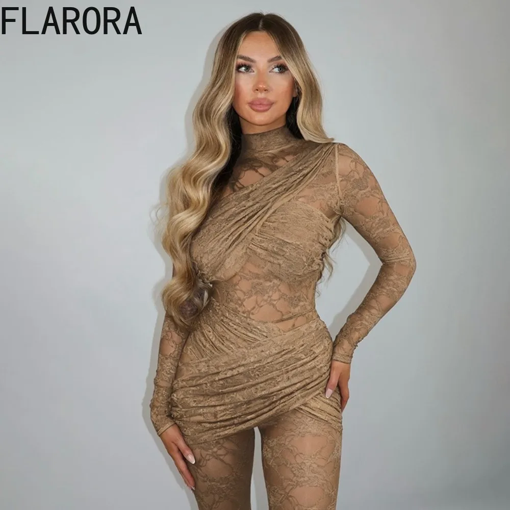 FLARORA Sexy Lace Jacquard Patchwork Jumpsuits Woman See Through Cross Bandage Midnight Stretch Bodycon Club Activity Overalls