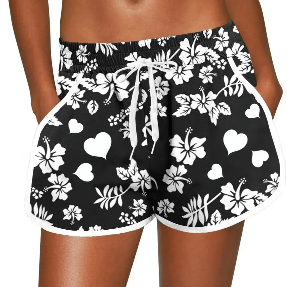 Quick Dry Women Beach Shorts Printed High Waisted Bikini Shorts Adjustable Drawstring Swimsuit Bathing Suit Bottom With Pocket