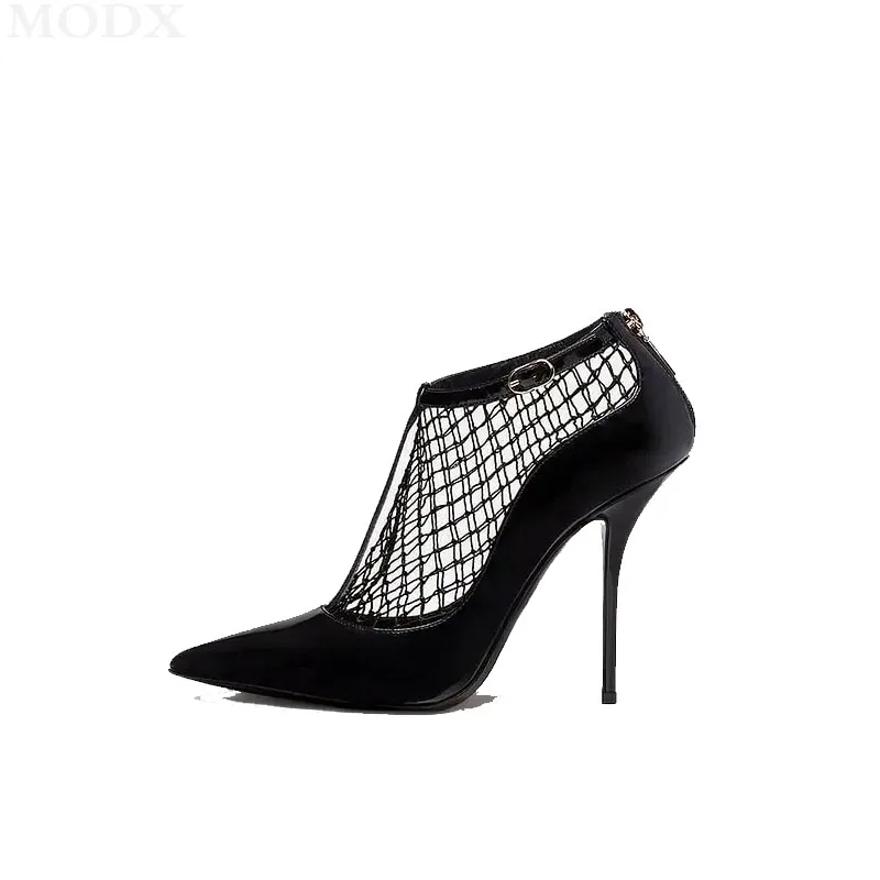 Black Mesh High Heels Sexy Pointed Toe Stiletto Back Zipper Gladiator Pumps T-Strap Fashion Hollow Women Banquet Party Shoes