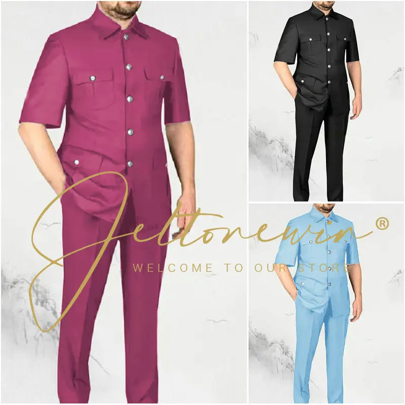 New Men's Hawaiian Set Summer Solid Color Stand Collar Short Sleeve Shirt&Beach Shorts Streetwear 2-Piece Set Suit For Men