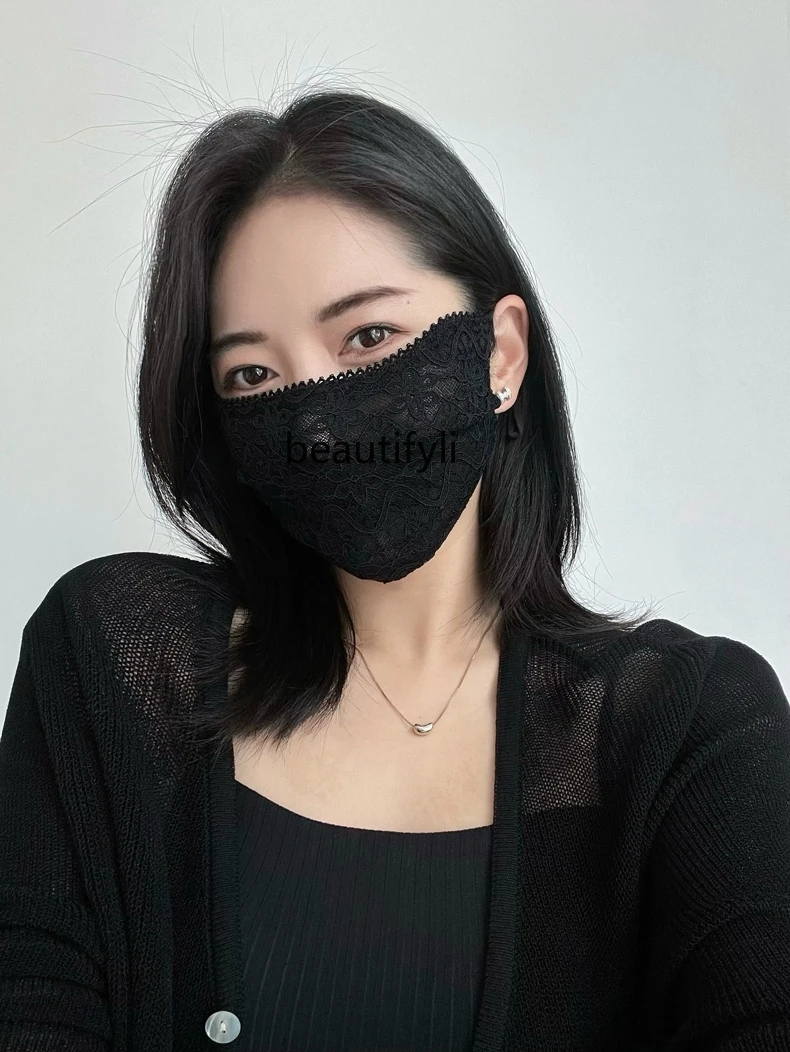 

Black Lace Sun Protection Mask Female Good-looking Embroidered Tulle UV Protection Washable