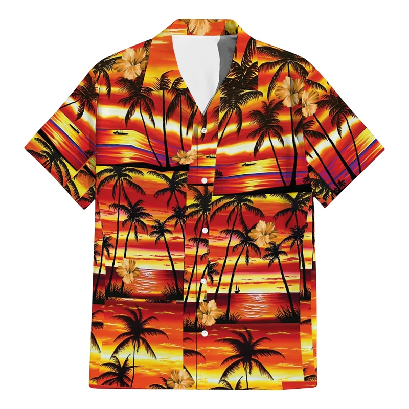 

Summer Beach Tropical Button-Up Shirts Fashion Hawaiian Coconut Tree Vacation Blouses Surfing Male Lapel Blouse Aloha Blouses