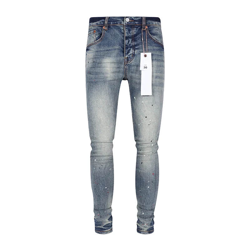 Jean Rétro Bleu Extensible Slim Fit Peint pour Homme, Pantalon de Marque Hip Hop High Street, de Haute Qualité, Nouvelle Collection