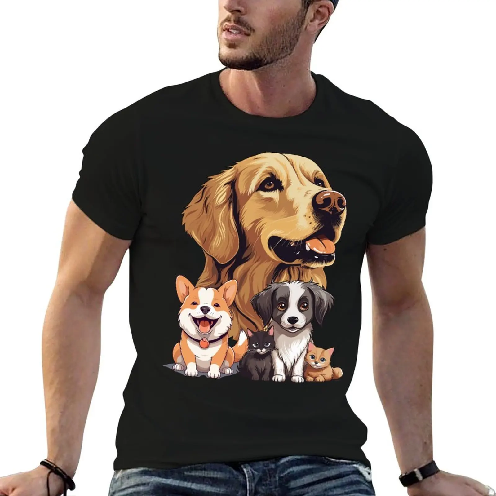 

Футболка с собаками и котами, футболки для мужчин, упаковка, хлопковые футболки с аниме для мужчин, футболки для мужчин, белая футболка