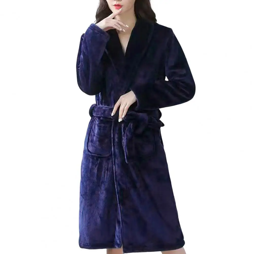 Solid Color Lapel Tie Robe Luxurious Plush Fleece Bath Robe for Men Women Knee-length Lapel Tie Design Cozy Winter Loungewear