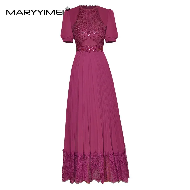 MARYYIMEI Fashion Designer dress Summer Women Dress Short sleeve Sashes Applique Sequin Embroidery Lace Purple pleated Dresses