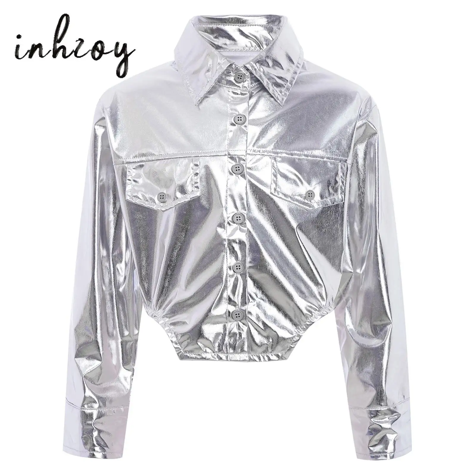 Kids Girls Hip Hop Jazz Dance Costume Metallic Jacket Lightweight Streetwear Turn-Down Collar Long Sleeves Asymmetrical Hem Coat