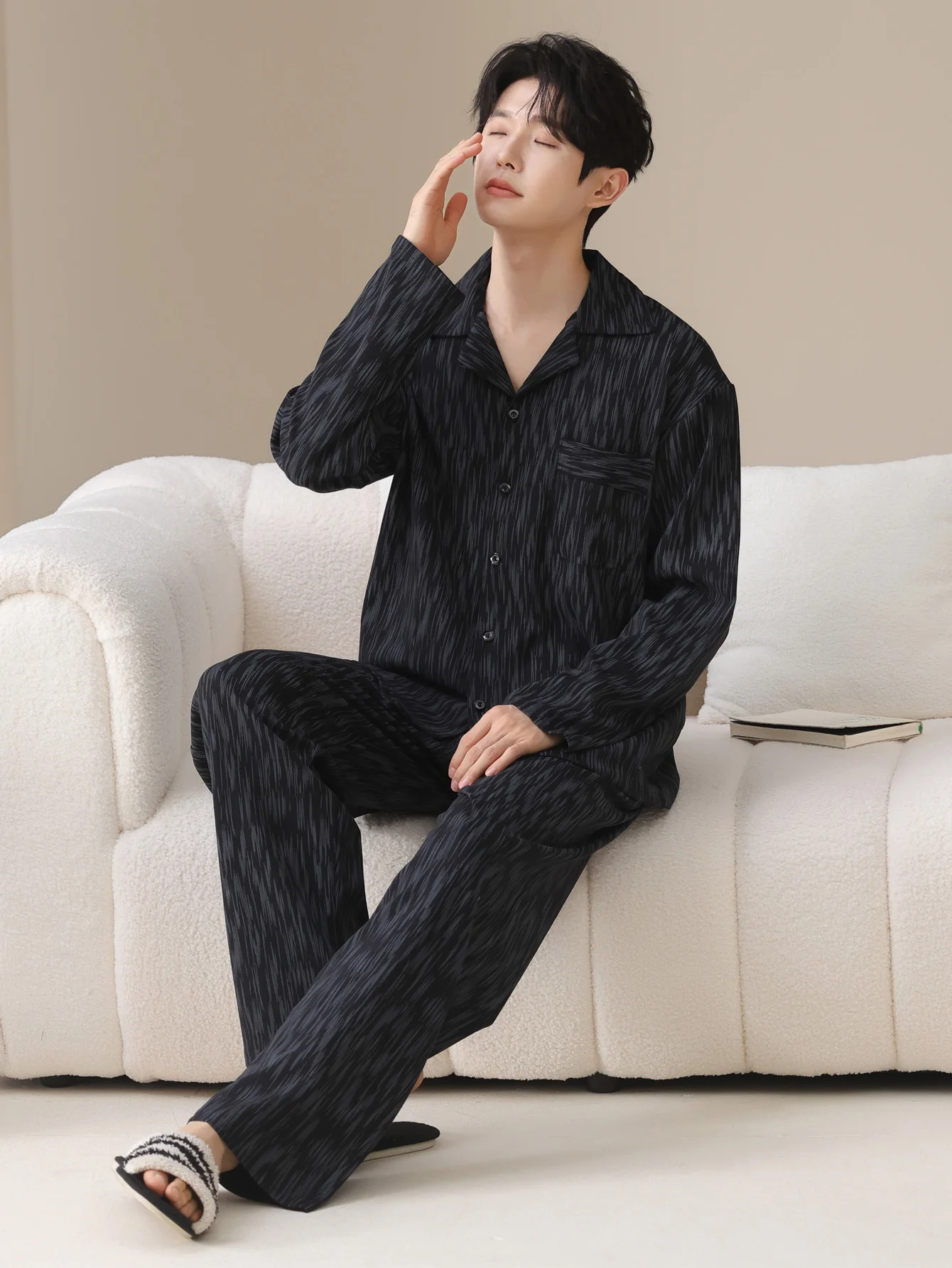 ملابس نوم رجالية 100% قطن بأكمام طويلة للفصول الأربعة مقاس كبير، طقم بدلة منزلية من القطن الخالص للمراهقين للدفء