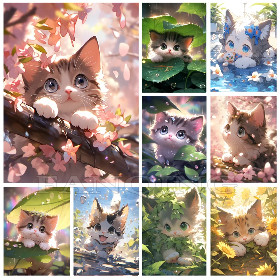 

5D DIY Diamond Painting Cute Cat Full Round Diamond Embroidery Cartoon Animals Mosaic Square Rhinestone Home Decoration Gift L77