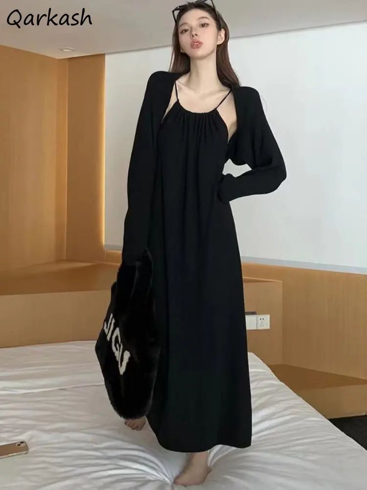 

2 Pcs Sets Women Ankle-length Dress Solid Outwear Backless Fashion Ladies Casual Lazy Ulzzang Korean Style Classic Temperament