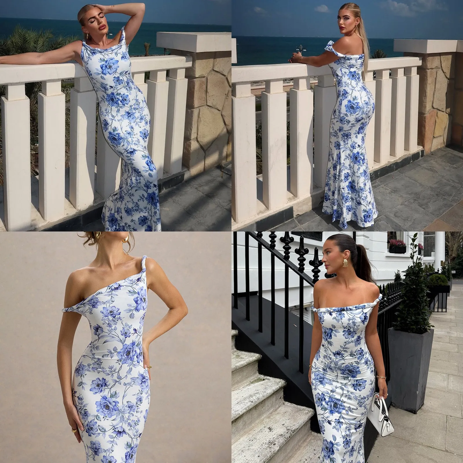 Women Floral Print One Shoulder Twist Bodycon Long Dress Summer Dresses Spring Evening Gown Matching Set