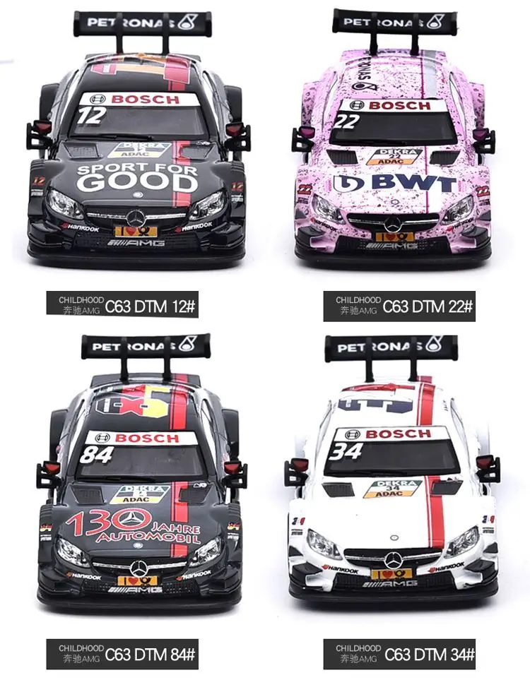 Model samochodu Mercedes-Benz C63 DTM w skali 1:43, wykonany ze stopu, z podstawką w kształcie samochodu rajdowego, statyczna miniatura do kolekcji i dekoracji.