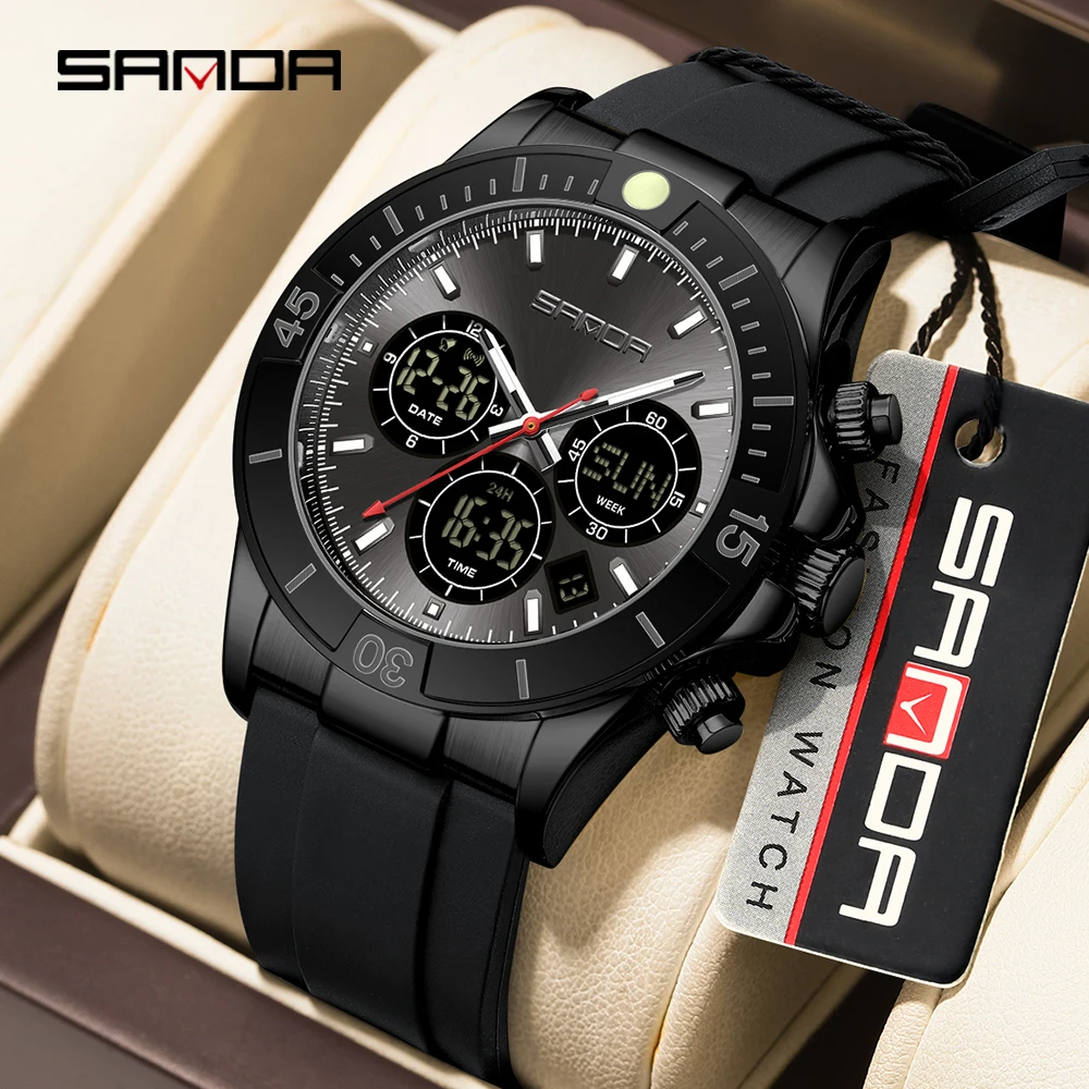 SANDA Men Electronic Watch Sport Multifunctional Three Eye Six Needle Chronograph Waterproof Night Light Electronic Watch 6192