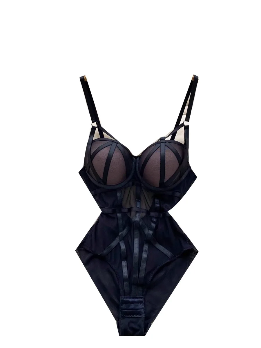 Foamlina-Body Sexy con tirantes y almohadillas para el pecho para mujer, monos con tirantes ajustados de malla transparente Pure Desire de verano