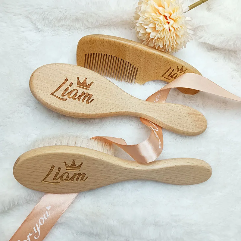 Personalized Baby Hairbrushes Soft Hair Brush Head Custom Name Wooden Newborn Hair Brush Infant Birth / Baptism Shower Gifts