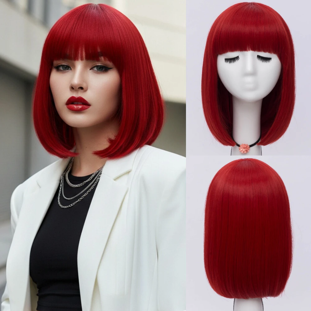 

Red Bob Wig Synthetic Short Straight Wig With Bangs For Women Daily Cosplay Party High Temperature Fiber Halloween
