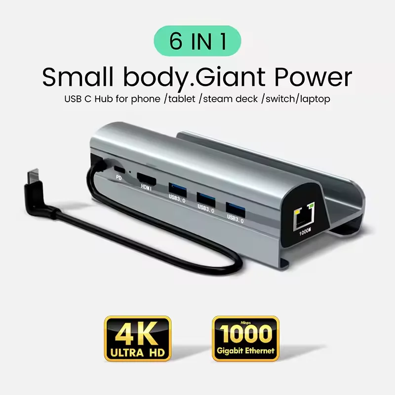 

6 in 1 Docking Station for Steam Deck, Steam Deck Dock with 4K HDMI ,3 USB 3.0, Gigabit Ethernet, PD Fast Charging
