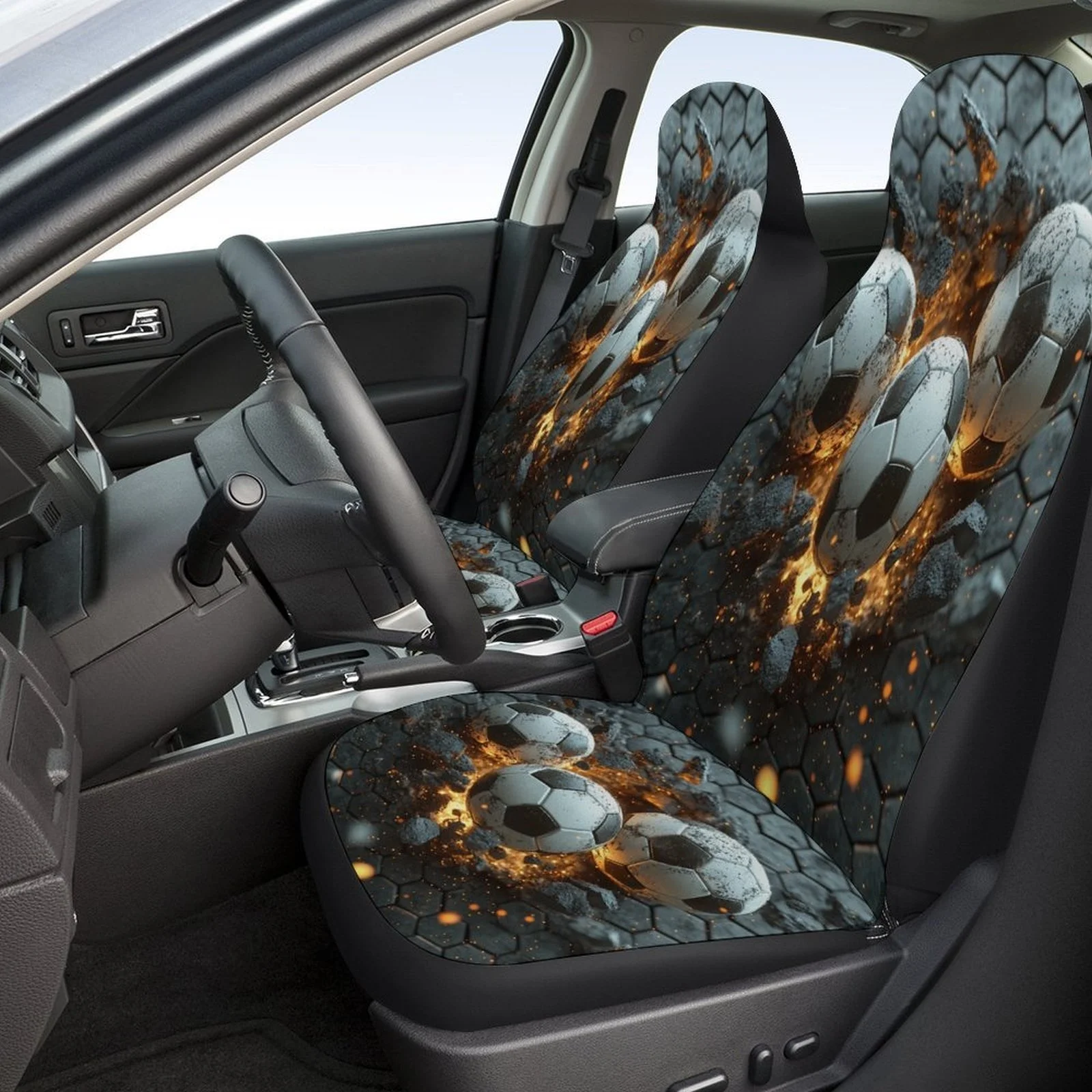 Set Of Car Seat Covers Featuring Soccer Balls, Designed For A Variety Of Vehicles. This Stylish And Unique Full Set Includes Cov