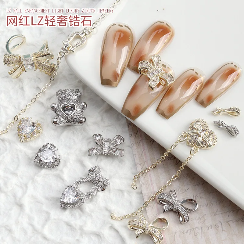 

3PCS Luxury Glitter Zircon Diamonds Love Heart Bear Bow Pendant Alloy Nail Art Rhinestones Jewel Decorations Manicure Charms