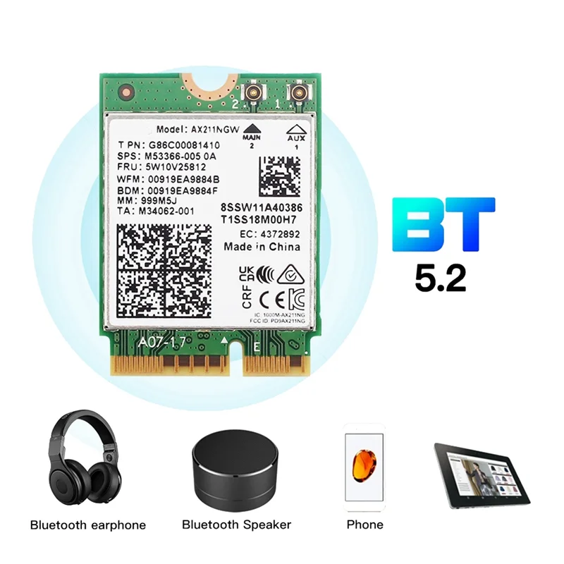 محول بطاقة شبكة لاسلكية ، AX211NGW ، واي فاي 6E ، M.2 مفتاح E ، CNVio2 ، ثنائي النطاق Ghz ، 5 جيجا هرتز ، 802.11Ac ، بلوتوث