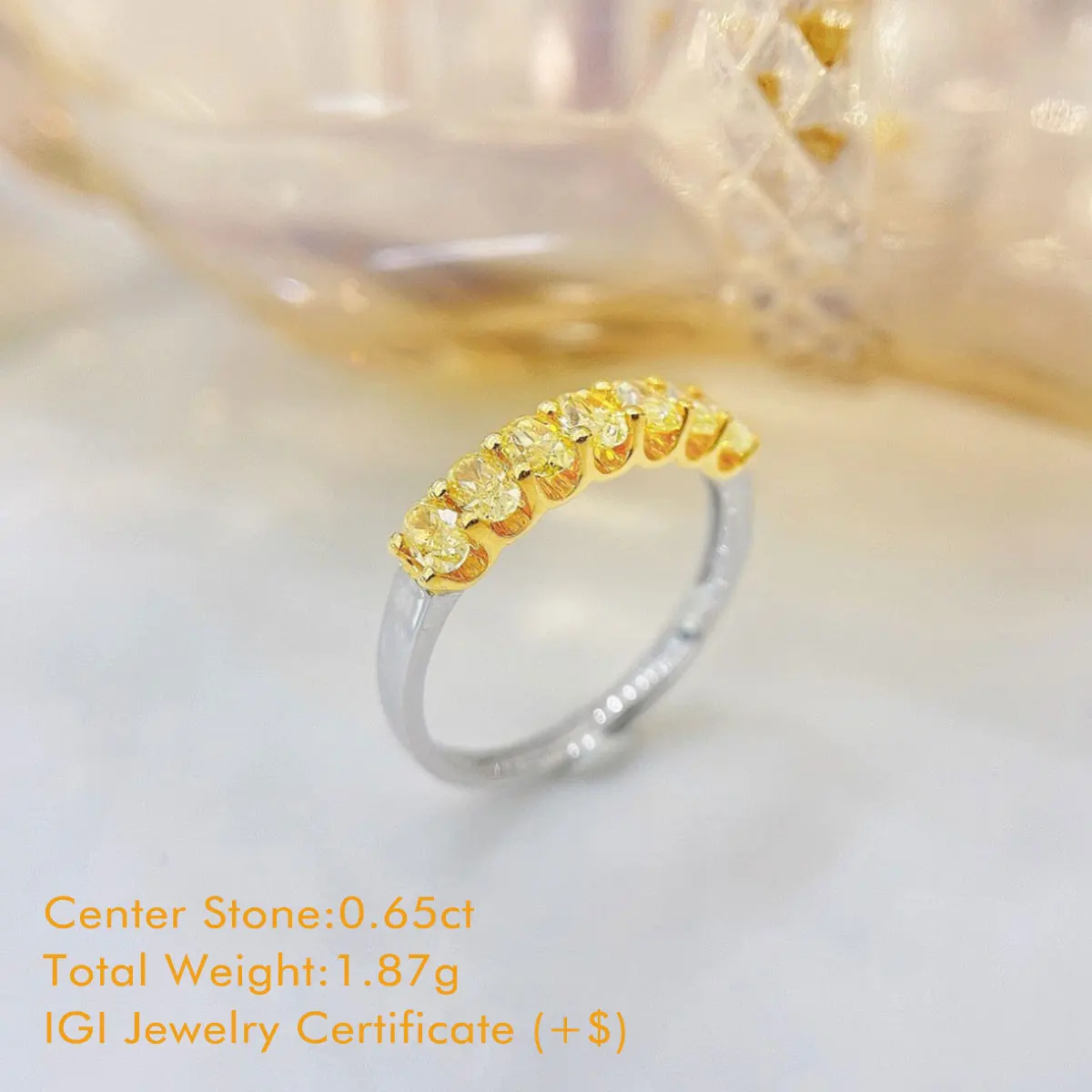 Oval Cut Natural Yellow Diamond Ring 18K White Gold Total 0.65ct Yellow Diamond Ring Two Tone Seven Stone Ring For Anniversary