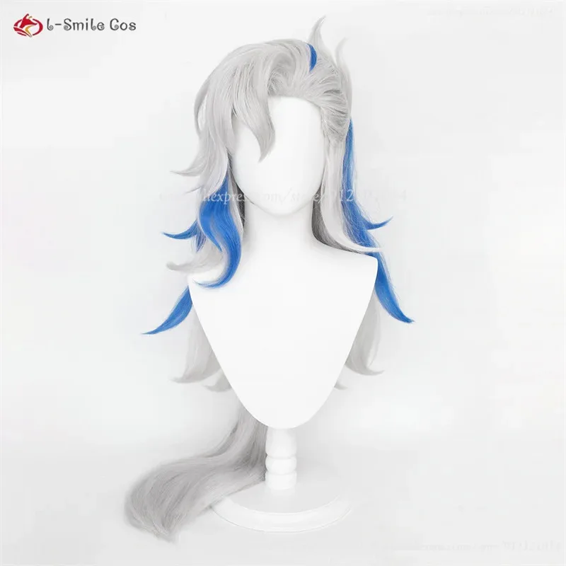 

qq38Fontaine Neuvillette Косплей Аниме 95 см Длинные Серебристые Серые Синие Термостойкие Синтетические Волосы + Кепка Для Парика
