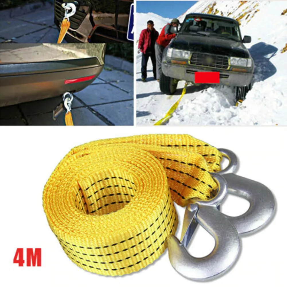 High Quality 3 Ton Car Tow Cable 4M Heavy Duty Towing Pull Rope Strap with Latch Hooks & Safety Strap for Recovery