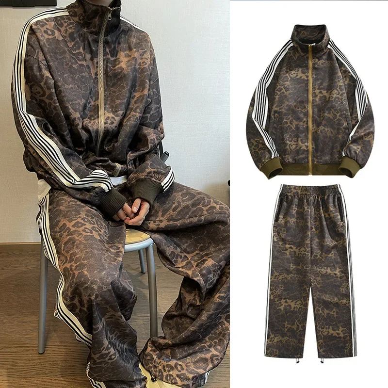 Vintage Leopard Print Sports Suit Jacket Sweatpants For Men Hip Hop Style Digital Printing Striped Vest