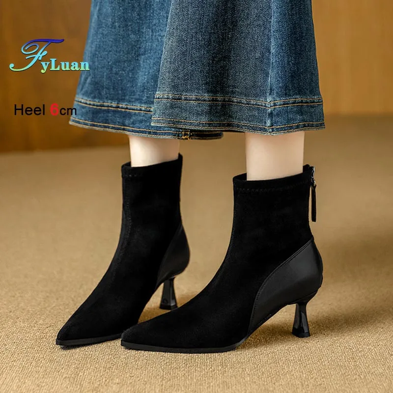 

Женские осенние новые ботильоны на высоком каблуке с острым носком, замшевые, на молнии, до середины икры, модные, на шпильке 6 см