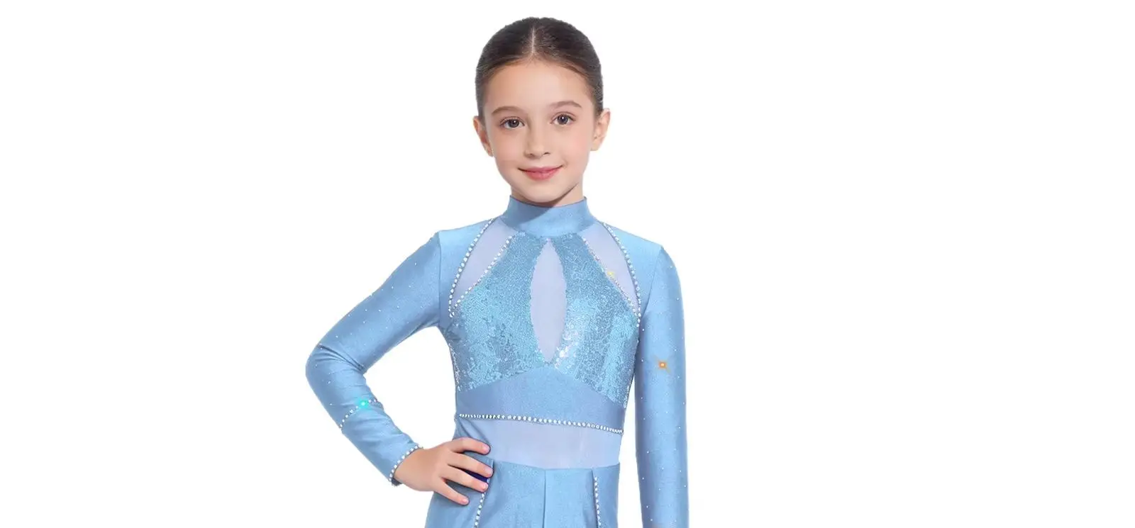 

Костюм для лирического джазового танца для девочек: блестящий комбинезон с пайетками и стразами, сетчатыми вставками, длинными рукавами и широкими штанинами, боди-юнитард