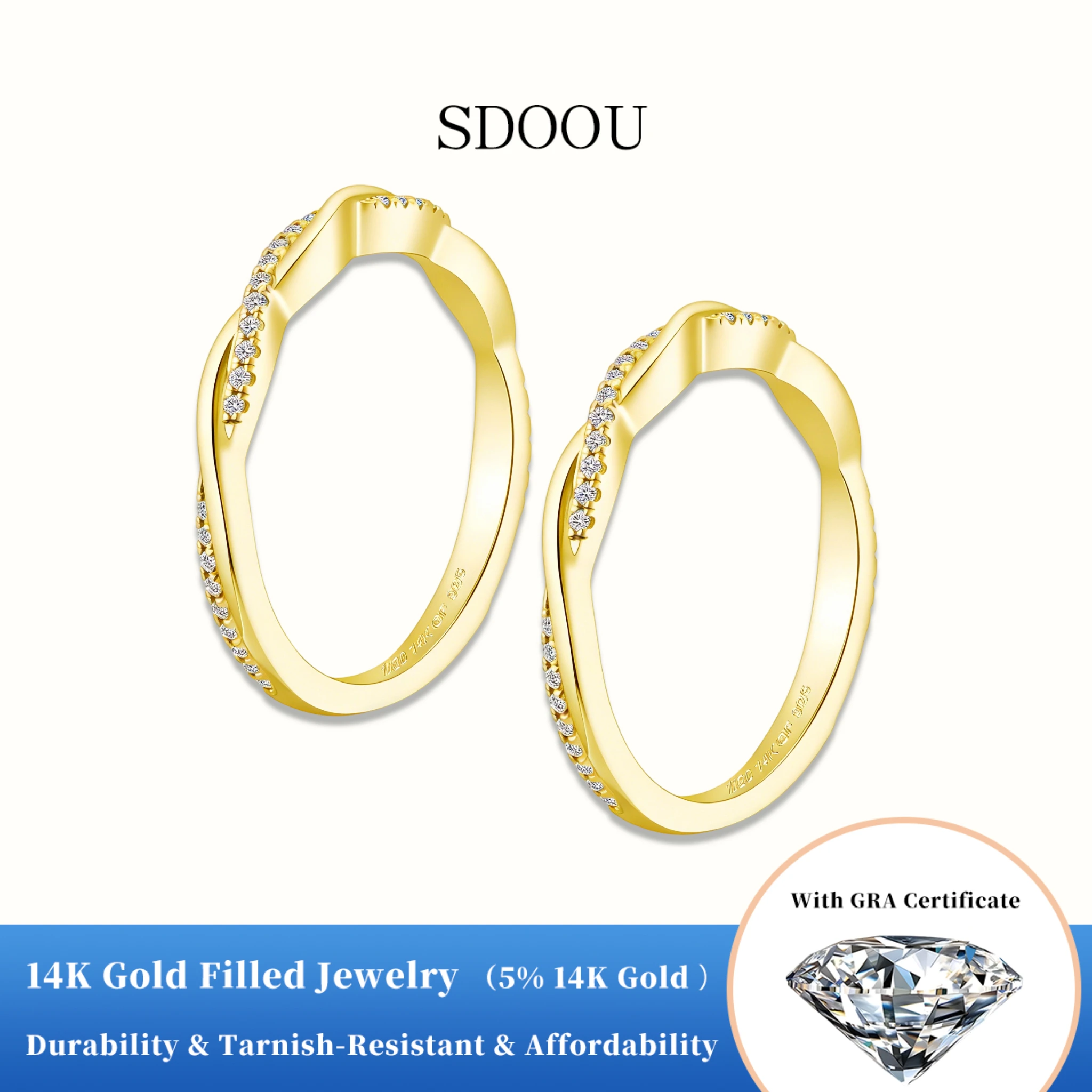 

Кольцо обручальное SDOOU 1/20 из позолоченного золота 14K с круглым муассанитом D VVS для женщин, с покрытием из розового золота, витое, многослойное, подарок
