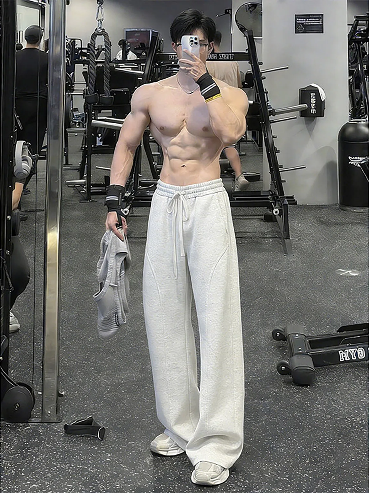 Fitness Straight Leg Pants Men's Slimming Trousers White Grey Side Cut Skinny Jeans Casual Loose Elastic Waist Sporty