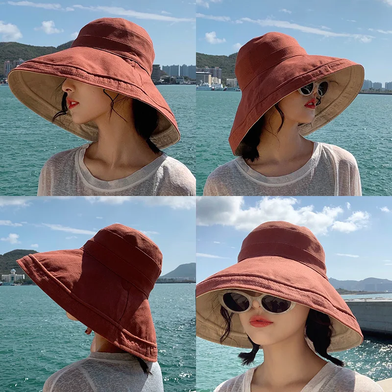 Summer Hat Women Bucket Hat Fisherman Cap Large Wide Brim Face Shading Double sided Sunshade Sunscreen Sun Hat Casual Foldable